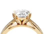 Oval Cut Diamond Solitaire Ring Set in Yellow gold with Milgrain Double Row Round Pavé Band