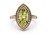 Fancy Yellow Marquise Cut Diamond Halo Solitaire Ring Set in Yellow gold with Pavé Band and Bezel Setting