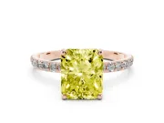 Fancy Yellow Radiant Cut Diamond Solitaire Ring Set in Rose gold with Round Pavé Band and Prong Setting