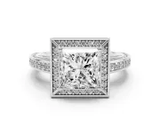 Princess Cut Diamond Halo Pavé Split Shank Ring Set in Silver with Prong Setting