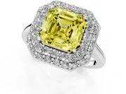 Fancy Yellow Asscher Cut Diamond Halo Engagement Ring Set in White gold with Solitaire Band and Prong Setting