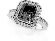 Fancy Black Radiant Cut Diamond Halo Engagement Ring Set in Platinum with Pavé Band and Round Halo Stones