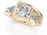 Princess Cut Diamond Bezel Bypass Ring Set in Yellow gold with Round Accents