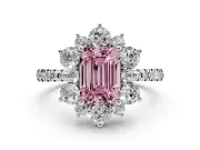 Fancy Pink Emerald Cut Diamond Floral Halo Ring Set in Silver with Round Pavé Band and Prong Setting