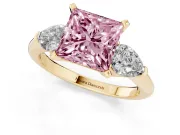 Fancy Pink Three-Stone Princess Cut Diamond Ring Set in Yellow gold with Pear Side Stones and Prong Setting