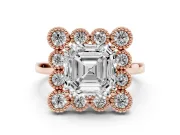 Asscher Cut Vintage Milgrain Bezel Cluster Halo Engagement Ring Setting | Plain Band | Rose Gold