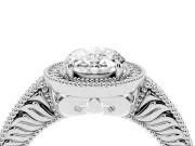 Oval Cut Diamond Halo Ring Set in Platinum with Round Accent Halo, Pavé Band and Prong Setting