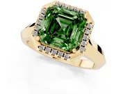 Fancy Green Asscher Cut Diamond Halo Ring Set in Yellow gold with Cathedral Band and Prong Setting