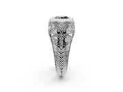 Fancy Black Round Cut Diamond Bezel Ring Set in White gold with Milgrain Accent Band