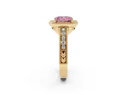 Fancy Pink Radiant Cut Diamond Halo Ring Set in Yellow gold with Round Accent Halo, Pavé Band and Prong Setting