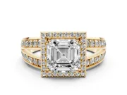 Asscher Cut Halo Engagement Ring Setting | Two-Row Pave Split Shank | Yellow Gold