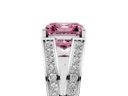 Fancy Pink Asscher Cut Diamond Split Shank Ring Set in Platinum with Pavé Band and Prong Setting