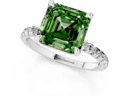 Fancy Green Asscher Cut Diamond Brilliant Solitaire Ring Set in White gold with Pavé Band and Prong Setting