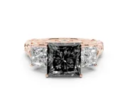 Fancy Black Princess Cut Diamond Three-Stone Ring Set in Rose gold with Braided Band