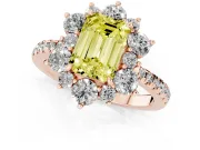 Fancy Yellow Emerald Cut Diamond Floral Halo Ring Set in Rose gold with Round Pavé Band and Prong Setting