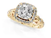 Cushion Cut Filigree Leaf Halo Engagement Ring Setting | Bezel Leaf Accents | Yellow Gold