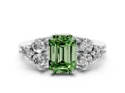 Fancy Green Emerald Cut Diamond Solitaire Ring Set in Platinum with Cluster Accents on Each Side