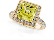 Fancy Yellow Asscher Cut Diamond Milgrain Floral Halo Engagement Ring Set in Yellow gold with Pavé Band