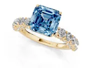 Fancy Blue Asscher Cut Diamond Solitaire Ring Set in Yellow gold with Shared Prong Pavé Band