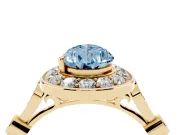 Fancy Blue Pear Cut Diamond Halo Engagement Ring Set in Yellow gold with Twisted Band and Prong Setting