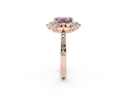 Fancy Pink Emerald Cut Diamond Floral Halo Ring Set in Rose gold with Round Pavé Band and Prong Setting