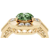 Fancy Green Oval Cut Diamond Milgrain Halo Ring Set in Yellow gold with Split Shank