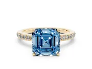 Fancy Blue Asscher Cut Diamond Pavé Band Ring Set in Yellow gold with Prong-Set Center Stone