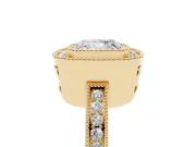 Cushion Cut Diamond Halo Ring Set in Yellow gold with Pavé Band and Milgrain-Edged Prongs