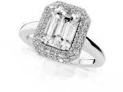 Emerald Cut Diamond Halo Engagement Ring Set in Silver with Solitaire Band and Prong Setting