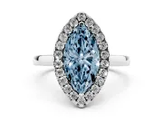 Fancy Blue Marquise Cut Diamond Halo Solitaire Ring Set in White gold with Pavé Band and Prong Setting