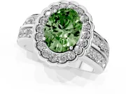 Fancy Green Oval Cut Diamond Scalloped Halo Ring Set in White gold with Pavé Split Shank