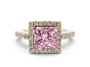 Princess Cut Halo Engagement Ring Setting for a Fancy Pink Lab-Grown Diamond | Single Row Pavé Band | Yellow Gold