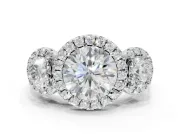 Round Three Stone Halo Engagement Ring Setting | Haloed Side Stones | Sterling Silver
