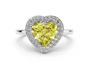 Fancy Yellow Heart Cut Diamond Halo Engagement Ring Set in White gold with Solitaire Band and Prong Setting