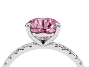 Fancy Pink Round Cut Diamond Brilliant Solitaire Ring Set in Platinum with Pavé Band and Prong Setting