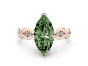 Fancy Green Marquise Cut Diamond Twist Band Solitaire Ring Set in Rose gold with Leaf Prong Setting and Accent Stones