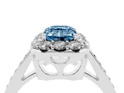 Fancy Blue Emerald Cut Diamond Floral Halo Ring Set in Platinum with Pavé Band and Prong Setting