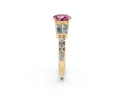 Fancy Pink Round Cut Diamond Engagement Ring Set in Yellow gold with Baguette Side Stones and Channel Set Band