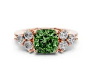 Fancy Green Cushion Cut Diamond Solitaire Ring Set in Rose gold with Cluster Accents on Each Side