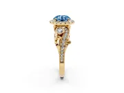 Fancy Blue Round Cut Diamond Halo Ring Set in Yellow gold with Milgrain Pavé Band and Prong Setting