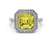 Fancy Yellow Asscher Cut Diamond Halo Ring Set in White gold with Pavé Band and Milgrain-Edged Prongs