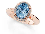 Fancy Blue Oval Cut Diamond Halo Engagement Ring Set in Rose gold with Plain Split Shank and Prong Setting