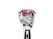 Fancy Pink Heart Cut Diamond Three-Stone Ring Set in White gold with Bold Center and Classic Band