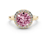 Fancy Pink Round Cut Diamond Halo Ring Set in Yellow gold with Solitaire Band and Prong Setting