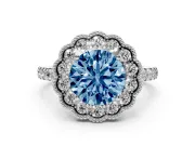 Fancy Blue Round Cut Diamond Milgrain Floral Halo Engagement Ring Set in White gold with Pavé Band