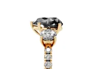 Fancy Black Heart Cut Diamond Three-Stone Ring Set in Yellow gold with Pavé Band and Graduated Sides