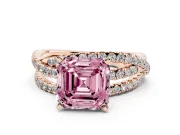 Fancy Pink Asscher Cut Diamond Solitaire Twist Band Ring Set in Rose gold with Pavé Setting and Prong Head