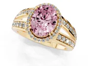Fancy Pink Oval Cut Diamond Halo Ring Set in Yellow gold with Double Pavé Split Shank
