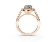 Fancy Blue Heart-Shaped Lab-Grown Diamond Milgrain Halo Solitaire Ring Set in Rose Gold with Bezel Set Side Stones and Pavé Band