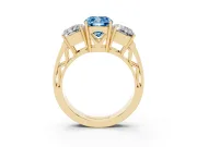 Fancy Blue Cushion Cut Diamond Three-Stone Ring Set in Yellow gold with Textured Band